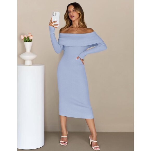 Women's Off Shoulder Bodycon Sweater Dress Long Sleeve Party Midi Dress Blue - Picture 7 of 9